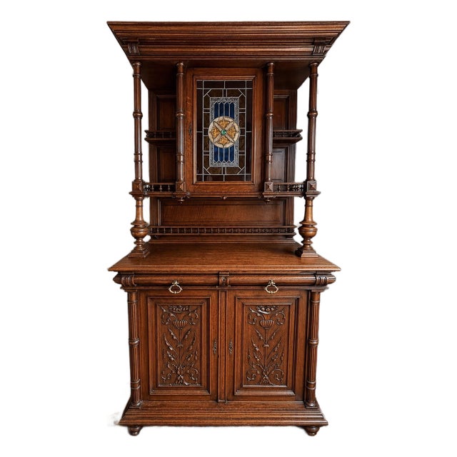 Late 19th Century French Carved Oak Two Piece Cupboard With Stained Glass For Sale
