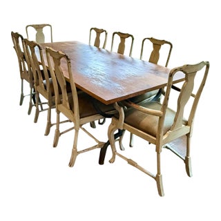 Bespoke 90” Wood & Iron Trestle Dining Table With 8 Custom Swedish Rococo Chairs by Slovack-Bass For Sale