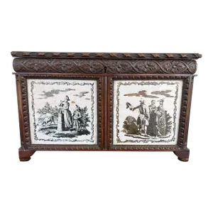 19th Century, Anglo-Indian Hand Carved 4-Section Tea Caddy Inset W/ Tin Manganese Tiles