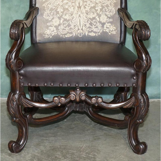 Antique Victorian Carolean Mahogany and Leather Throne Armchairs, 1880, Set of 2 For Sale - Image 11 of 18
