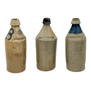 Collection of 3 Exceptionally Nice Large Antique American Blue Decorated Stoneware Beer & Ale Bottles - Circa 1870s