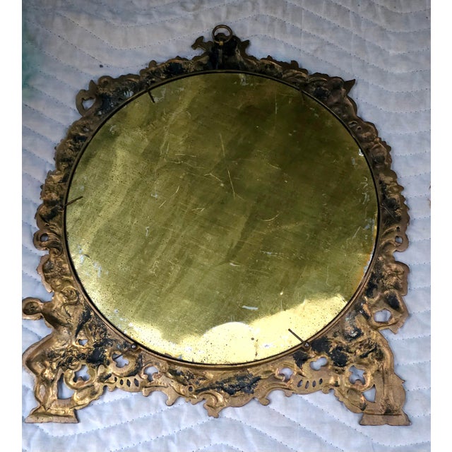 19th Century Cast Bronze Hanging Mirror With Figural Decorations Featuring Detailed Cherubs For Sale - Image 4 of 7