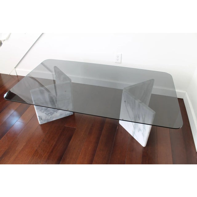 1970's White Carrara Marble Coffee Table With Smoke Glass Top For Sale - Image 4 of 12