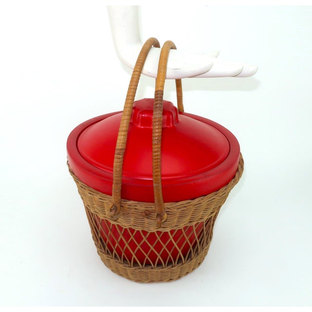 b.f. Goodrich N'icer Red Ice Bucket With Wicker Basket Carrier, 1950's For Sale - Image 12 of 13