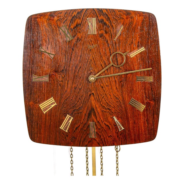 Mid Century Modern Wall Clock Rosewood Pendulum Weights Hanging Square Chime For Sale