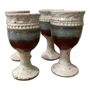 Mid 20th Century Stoneware Wine Goblets Studio Art Pottery by Leon Kula- Set of 4