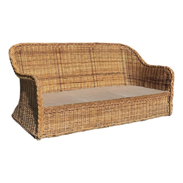 Vintage 72” Handwoven Rattan Sofa With Large Braid Trim For Sale