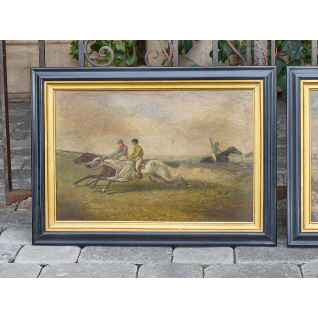 Mid 20th Century Pair of British Steeplechase Horse Racing Paintings on Board, Framed For Sale In Atlanta - Image 6 of 12