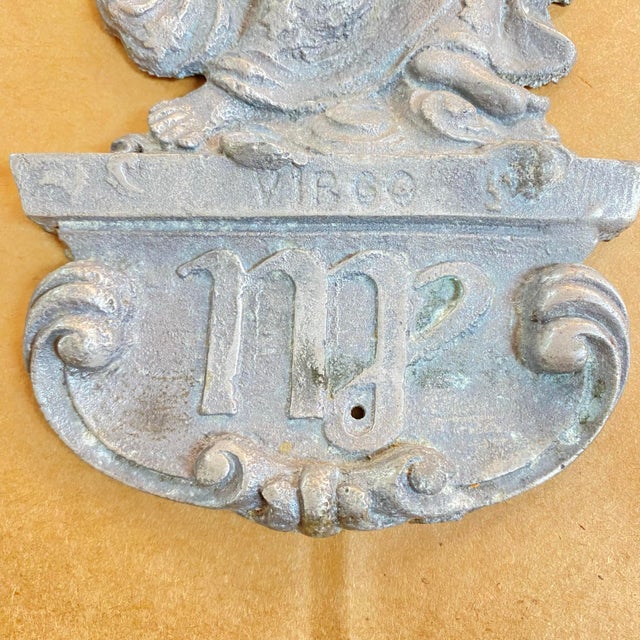Antique Metal Plaque Virgo Lady For Sale - Image 4 of 6