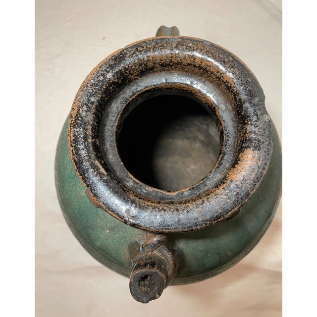 Antique Handmade Chinese Ming Dynasty Pottery Terracotta Green Glaze Wine Jug For Sale - Image 9 of 16