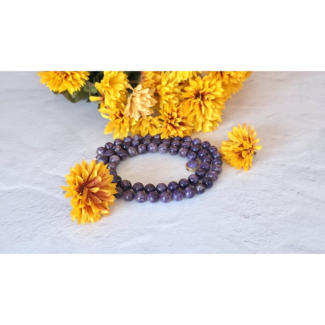 Purple Charoite Long Necklace With Gilt Silver Charoite Clasp, 33.5" For Sale - Image 8 of 8