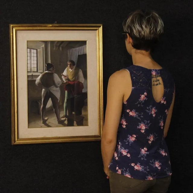 Italian Artist, Interior Scene with Characters, 1970, Mixed Media on Cardboard, Framed For Sale - Image 11 of 13