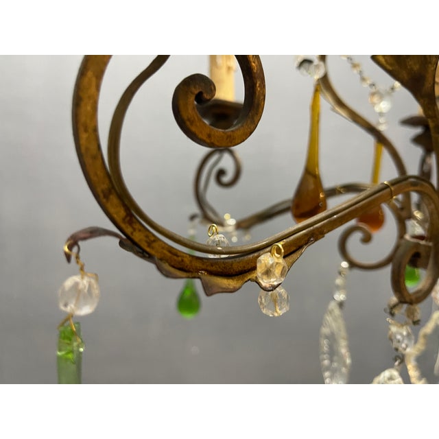 Glass Italian 5-Light Tole Chandelier with Green and Amber Murano Glass Drops, 1950s For Sale - Image 7 of 16