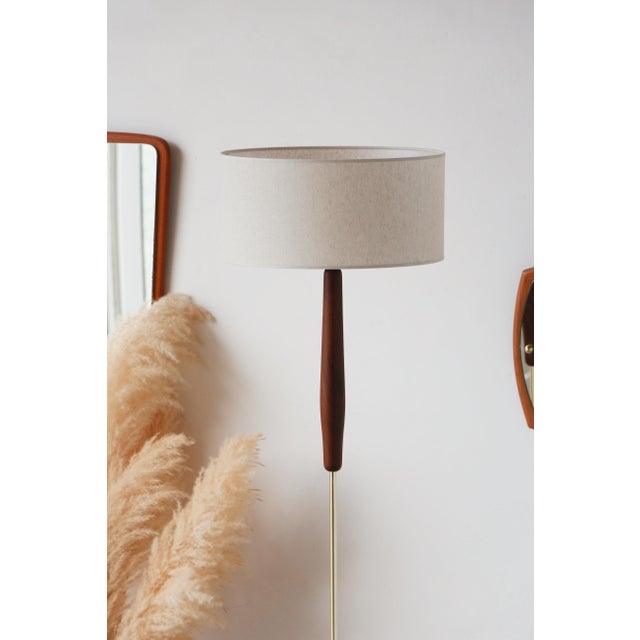 Wood Vintage Teak and Brass Floor Lamp with Cream Lampshade, 1960s For Sale - Image 7 of 11