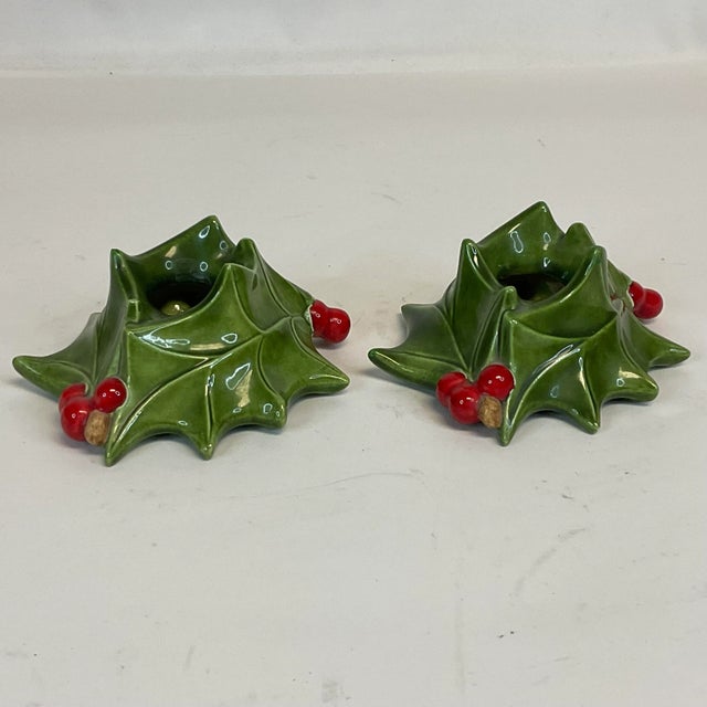 1963 Folk Art Americana Christmas Ceramic Holly Candle Holders, Artist Signed - a Pair For Sale - Image 4 of 12