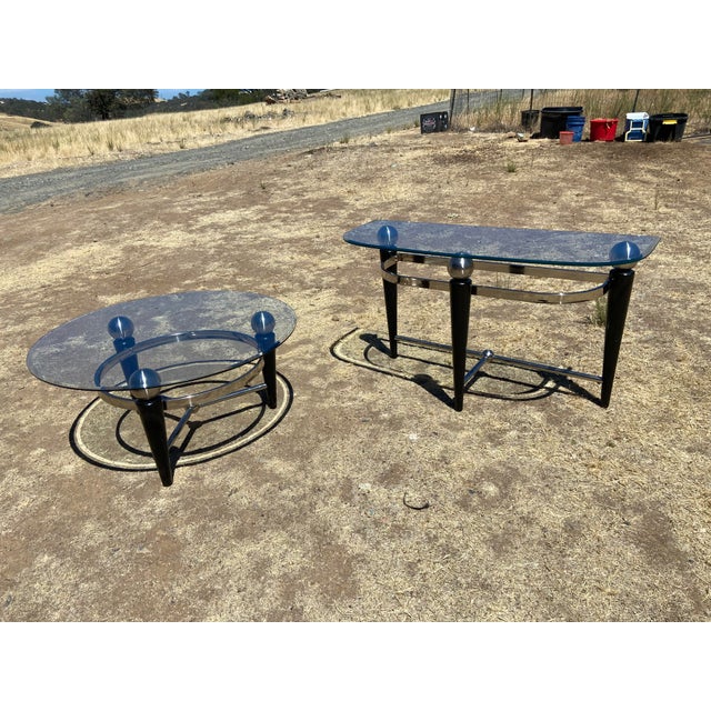 Mid-Century Modern Vintage Space Age Design Chrome and Glass Atomic Coffee & Demilune Console Table For Sale - Image 3 of 18