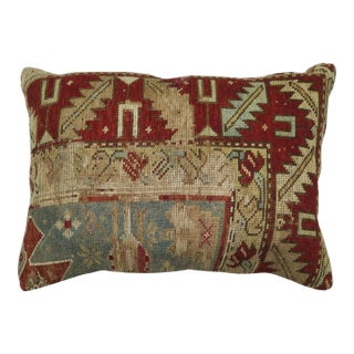 Rustic Antique Tribal Caucasian Lumbar Rug Pillow in Red and Soft Blue For Sale