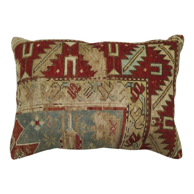 Rustic Antique Tribal Caucasian Lumbar Rug Pillow in Red and Soft Blue For Sale