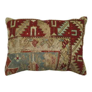 Rustic Antique Tribal Caucasian Lumbar Rug Pillow in Red and Soft Blue