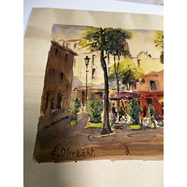 Original watercolor painting by E. Obrecht, Place du Tertre in Montmartre, Paris, c. 1950s. This famous location is a...