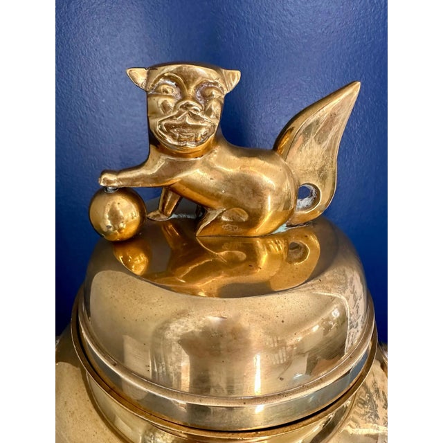 Vintage Brass Foo Dog Urn Censer For Sale - Image 4 of 11