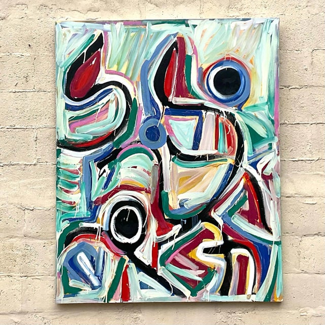 Make a bold statement with this stunning vintage Terry Frid oil on canvas multicolor abstract painting. Bursting with...