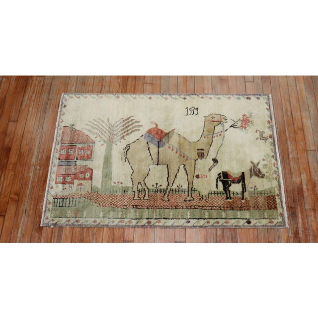 Vintage Zabihi Collection Camel Donkey Turkish Kula Pictorial Scatter Size Rug - 3'2" x 4'8" For Sale - Image 4 of 8