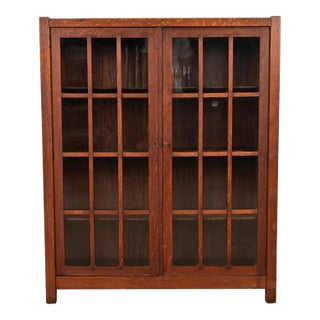 Limbert Style Mission Oak Arts & Crafts Glass Front Double Bookcase Cabinet, Circa 1900 For Sale