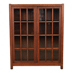 Limbert Style Mission Oak Arts & Crafts Glass Front Double Bookcase Cabinet, Circa 1900