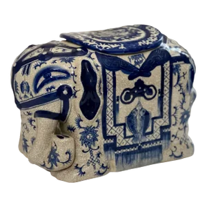 20th Century Asian Blue and White Ceramic Elephant Form Lidded Vase or Box