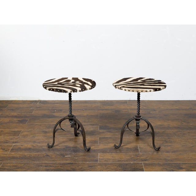 Pair of Midcentury French Guéridon Tables with Zebra Hide and Iron Tripod Bases For Sale - Image 4 of 11