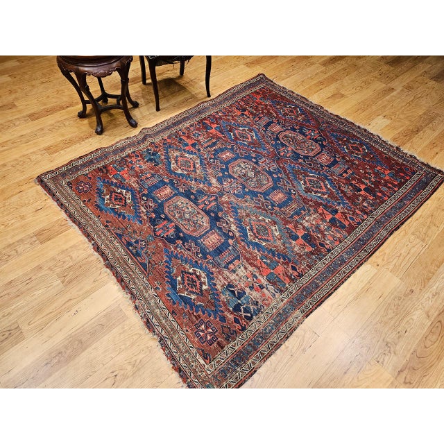 Late 19th Century Caucasian Soumak Rug, Handwoven Allover Geometric, Red & Blue, 5' x 7' For Sale - Image 9 of 17