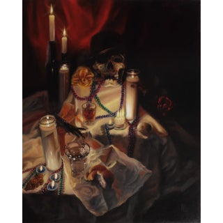 Timothy's Offer by John Lally | Oil on board Still life with candles, a skull, and various objects. For Sale