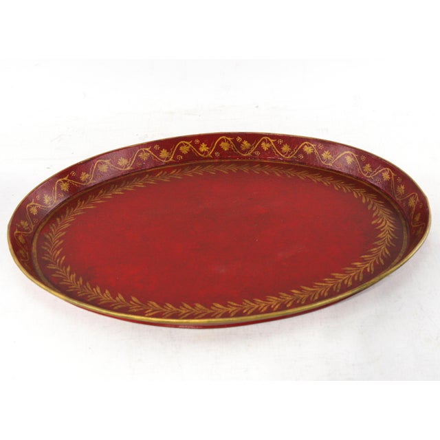Vintage Handmade Metal Red Tray With Hand-Painted Gold Olive Leaf Wreath For Sale - Image 4 of 11