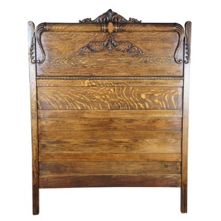 Antique Victorian Quartersawn Oak Carved High Back Headboard For Sale