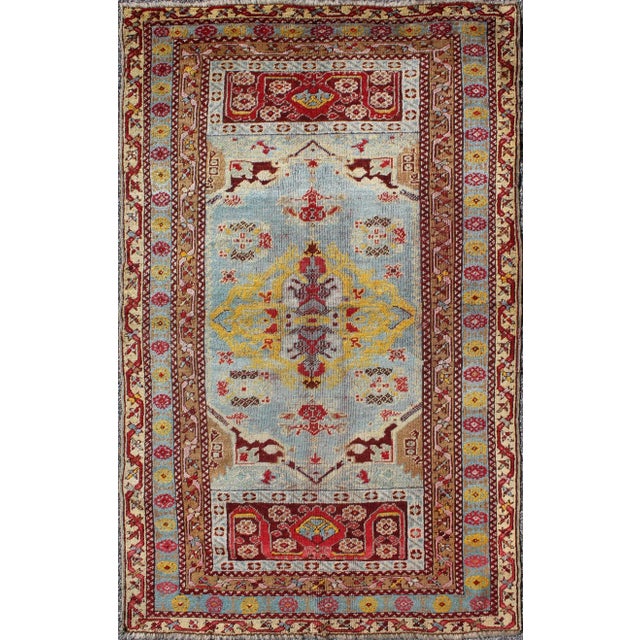 Textile Antique Turkish Oushak Rug in Light Blue Background and Border For Sale - Image 7 of 7