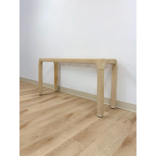 Vintage Console Table Lightwash Pencil Reed Glass Top Coastal Boho MCM For Sale - Image 4 of 10