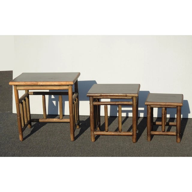 Set of Three Vintage French Country Bamboo Nesting Tables -Tiki Palm Beach Style For Sale - Image 4 of 13