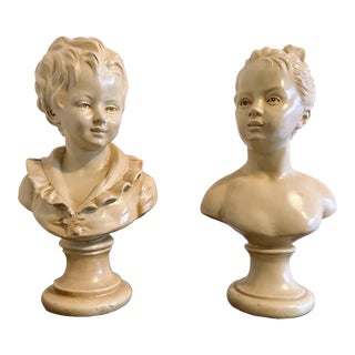 1970s Marwal Industries Chalkware Alabaster Victorian Boy and Girl Busts - a Pair For Sale