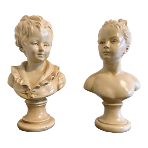1970s Marwal Industries Chalkware Alabaster Victorian Boy and Girl Busts - a Pair