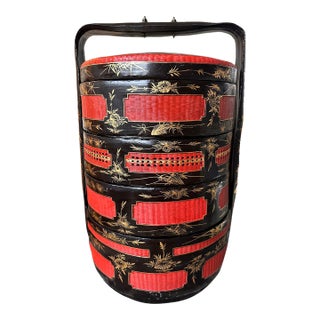 Antique Hand-Woven Chinese Wedding Basket With Lacquered Layers For Sale