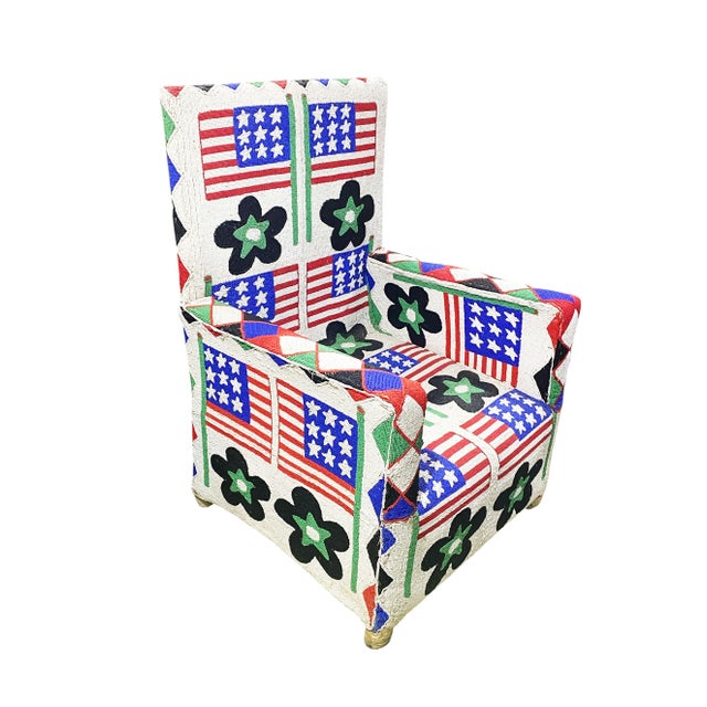 African Vintage African Nobility Nigerian Yoruba Beaded ArmChair W/ Stylized American Flags. For Sale - Image 3 of 11
