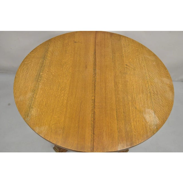 Late 19th Century Antique Craftsman Mission Arts & Crafts Oak Wood Round Dining Table W/ 2 Leaves For Sale - Image 5 of 11