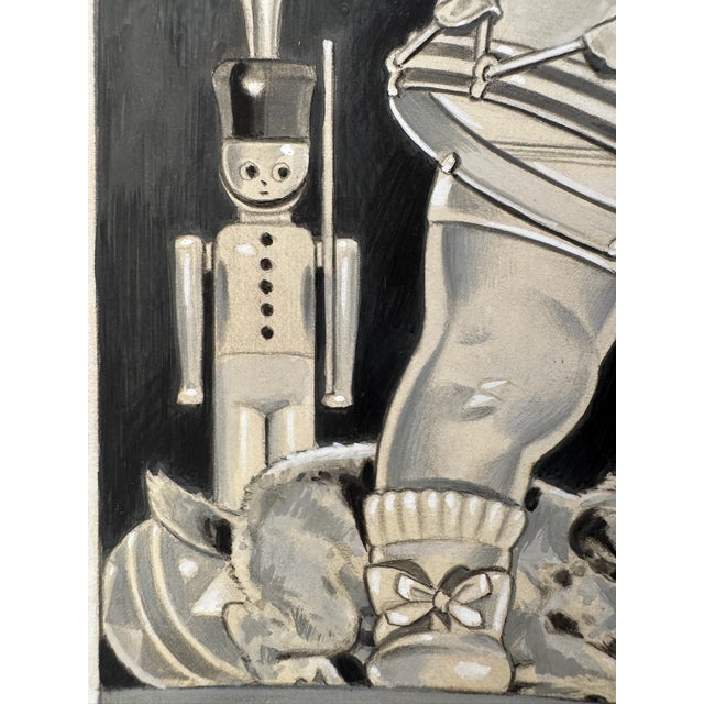 American 1940s Original Signed Graphite Illustration of Crying Child With Drum and Trumpet, 10.5 × 7.5 In. For Sale - Image 3 of 7
