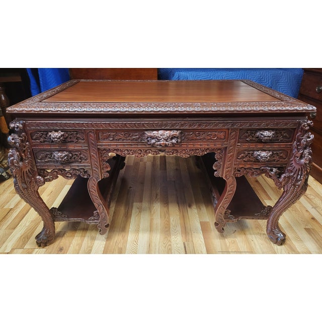 Chinese Museum 19th C Chinese Dragon Carved Mahogany Dragon Partners Desk For Sale - Image 3 of 10