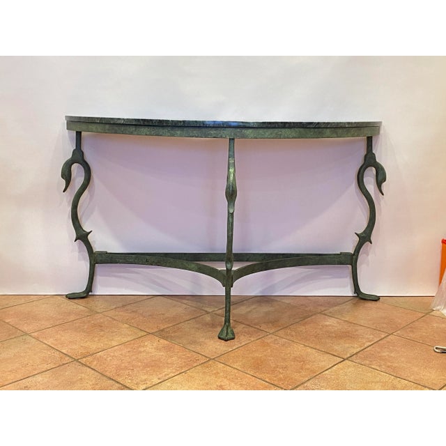 French Vintage Mid Century French Wrought Iron With a Verdigris Bronze Finish Demi-Lune Console Table For Sale - Image 3 of 13