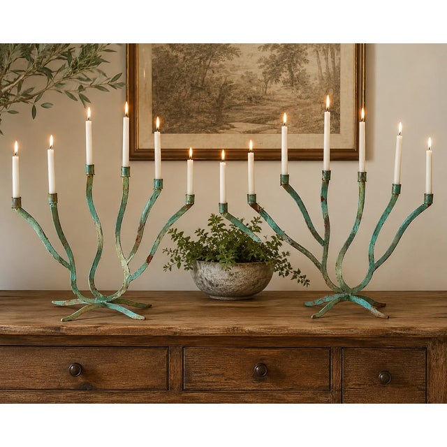 1960s Vintage 7 Arm Brutalist Candelabra Hand-Forged Iron and Copper With Verdigris, a Pair For Sale - Image 5 of 15