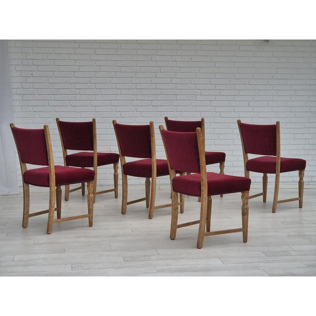 1970s, set of 6 Danish dining chairs. Oiled oak wood, red furniture velour. Chairs reupholstered in about 10 years ago:...