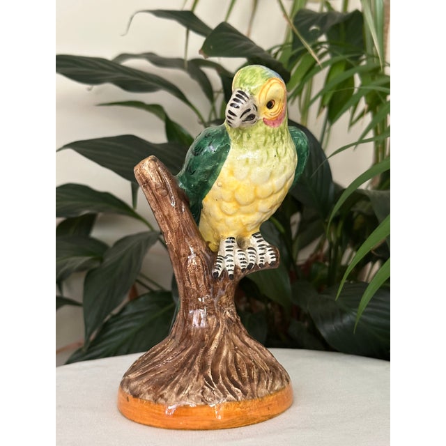 Hollywood Regency Vintage Italian Majolica Ceramic Parrot Figurine Hand Painted Made in Italy Bird on Branch For Sale - Image 3 of 10