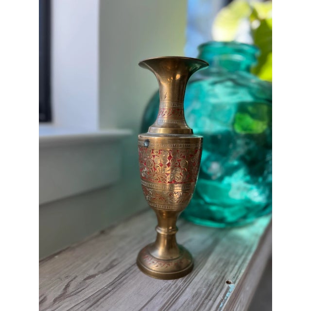 1970s Vintage Brass Kashmiri Botanical Enameled Vase For Sale - Image 4 of 5
